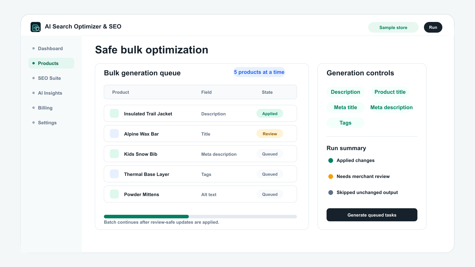Bulk optimization screen in SikSmart AI Search Optimizer