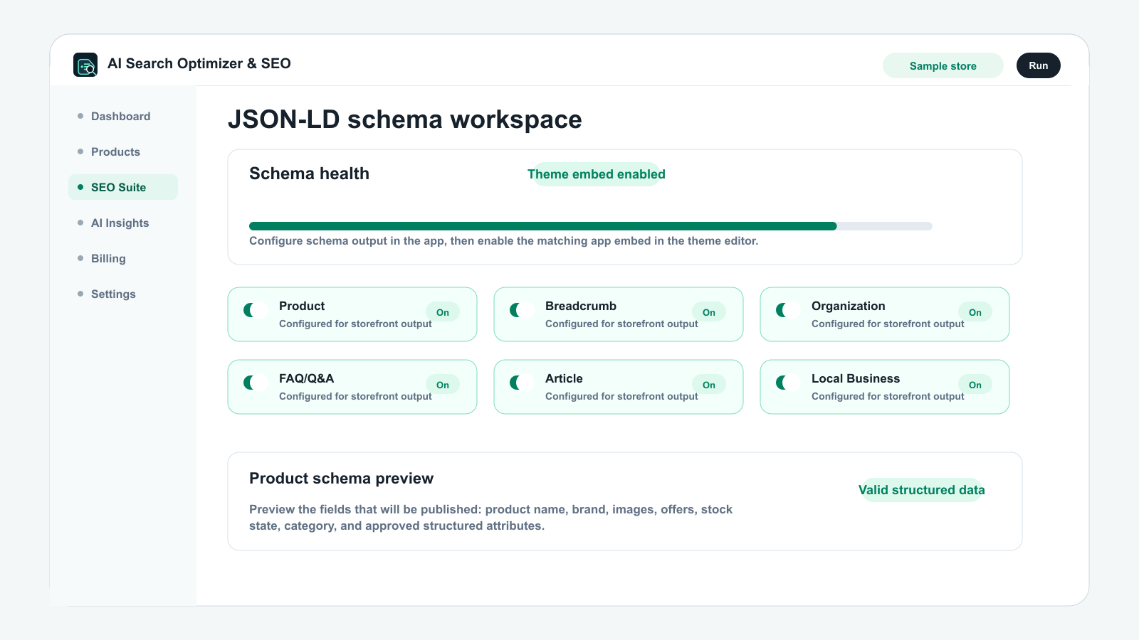 JSON-LD schema configuration screen with schema type cards and settings