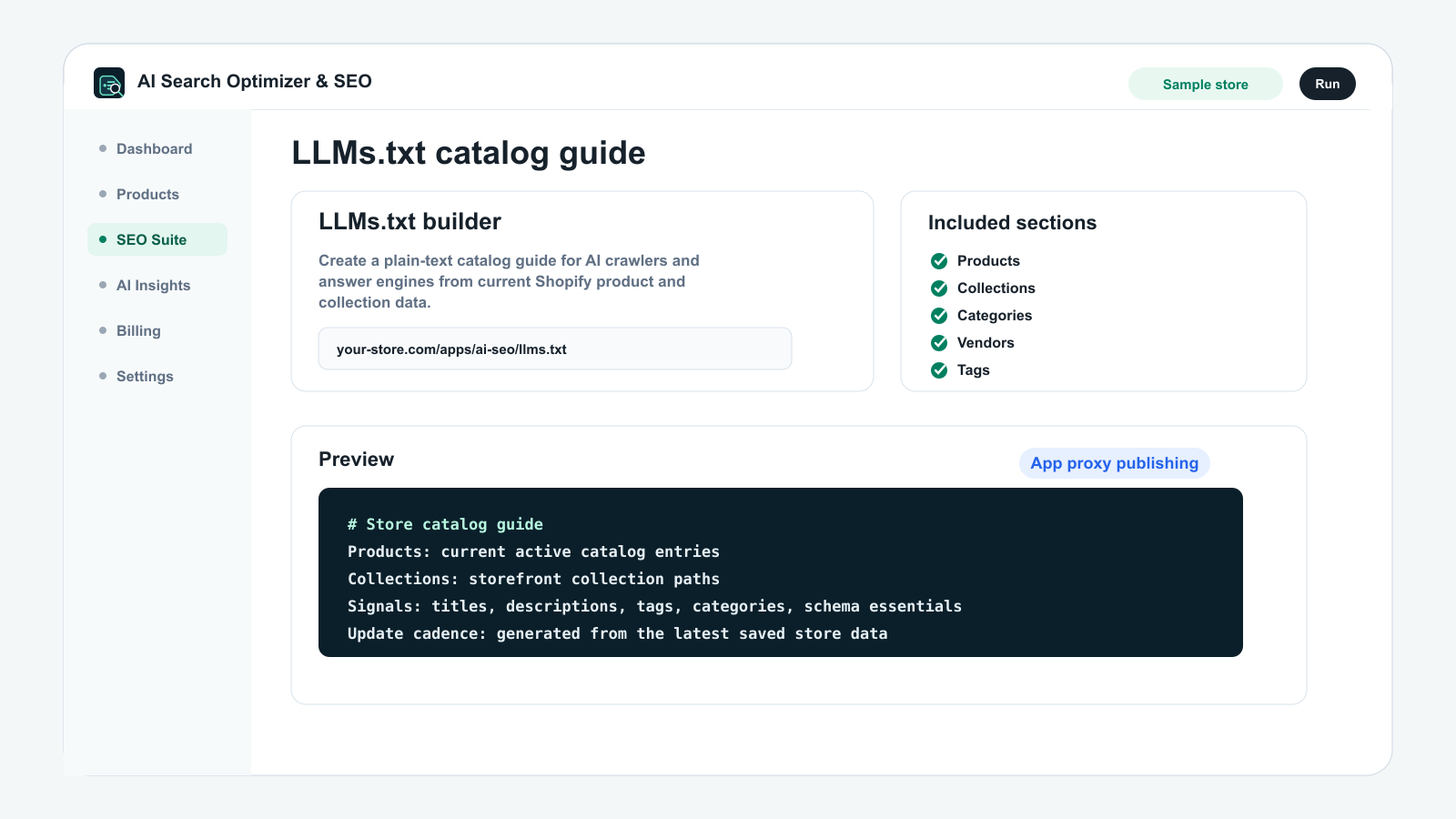 LLMs.txt builder screen in SikSmart AI Search Optimizer