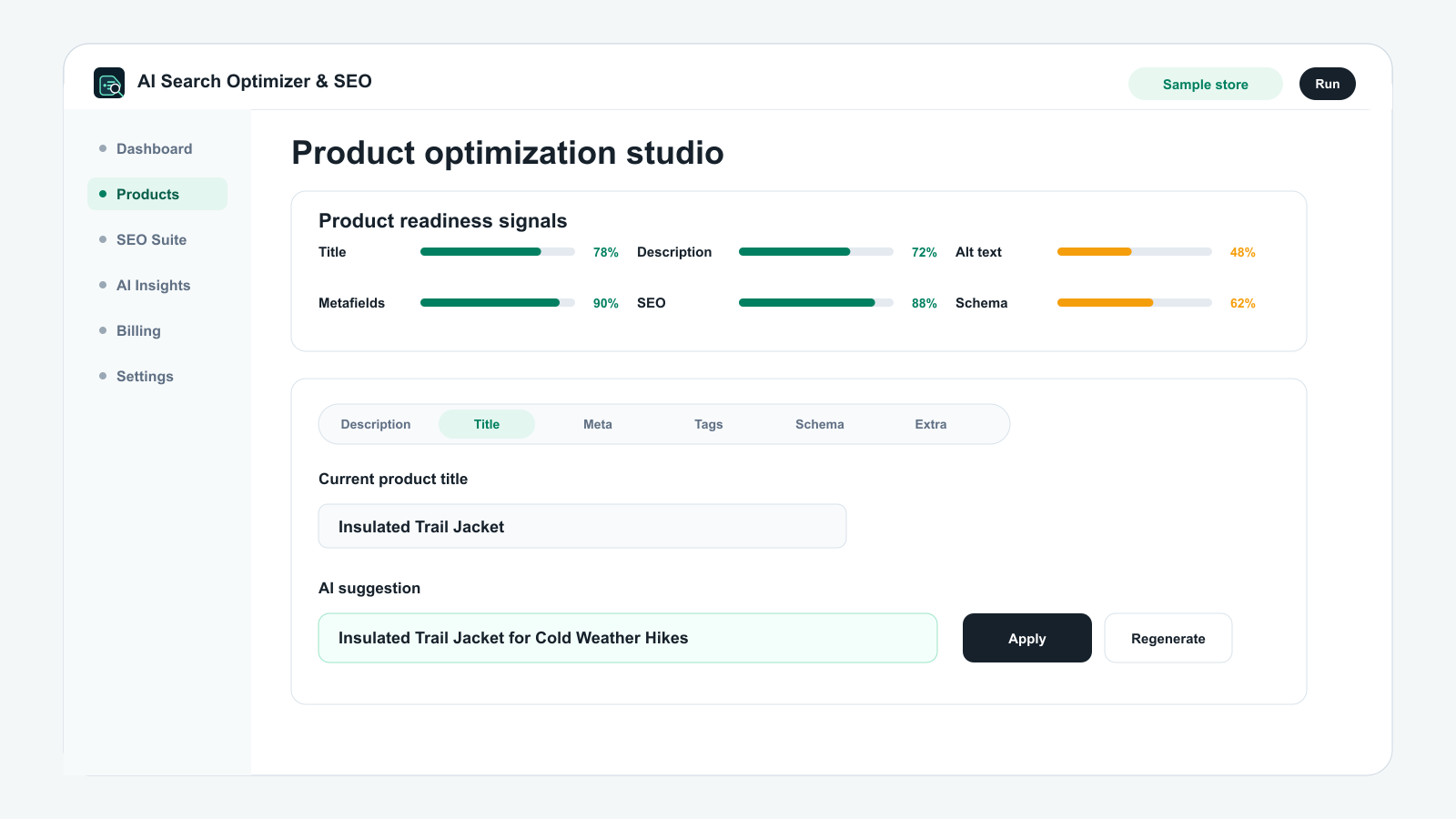 Product optimization studio showing readiness signals, catalog schema essentials, structured attributes, and JSON-LD preview